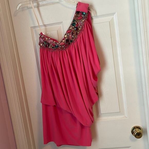 Jovani pink one shoulder dress with heavy beading and chains size 4 - Picture 1 of 9